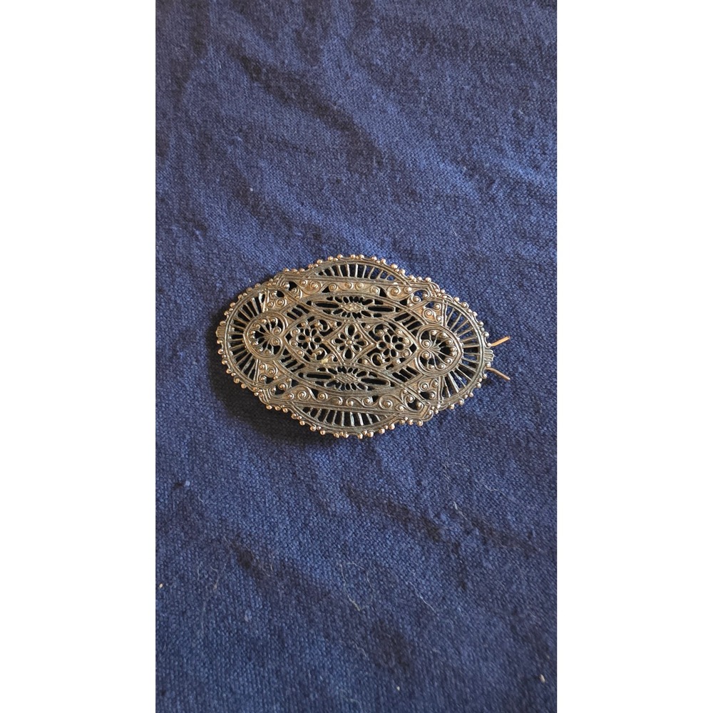 Vintage Silver Tone Filigree Hair Clip Victorian Style Oval Filigree Barrette